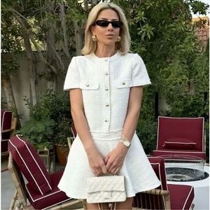 ZARA Cream Tweed Dress with Gold Buttons